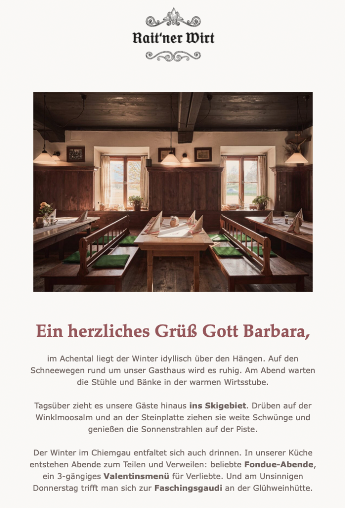 Screenshot des Newsletters vom Raitner Wirt.